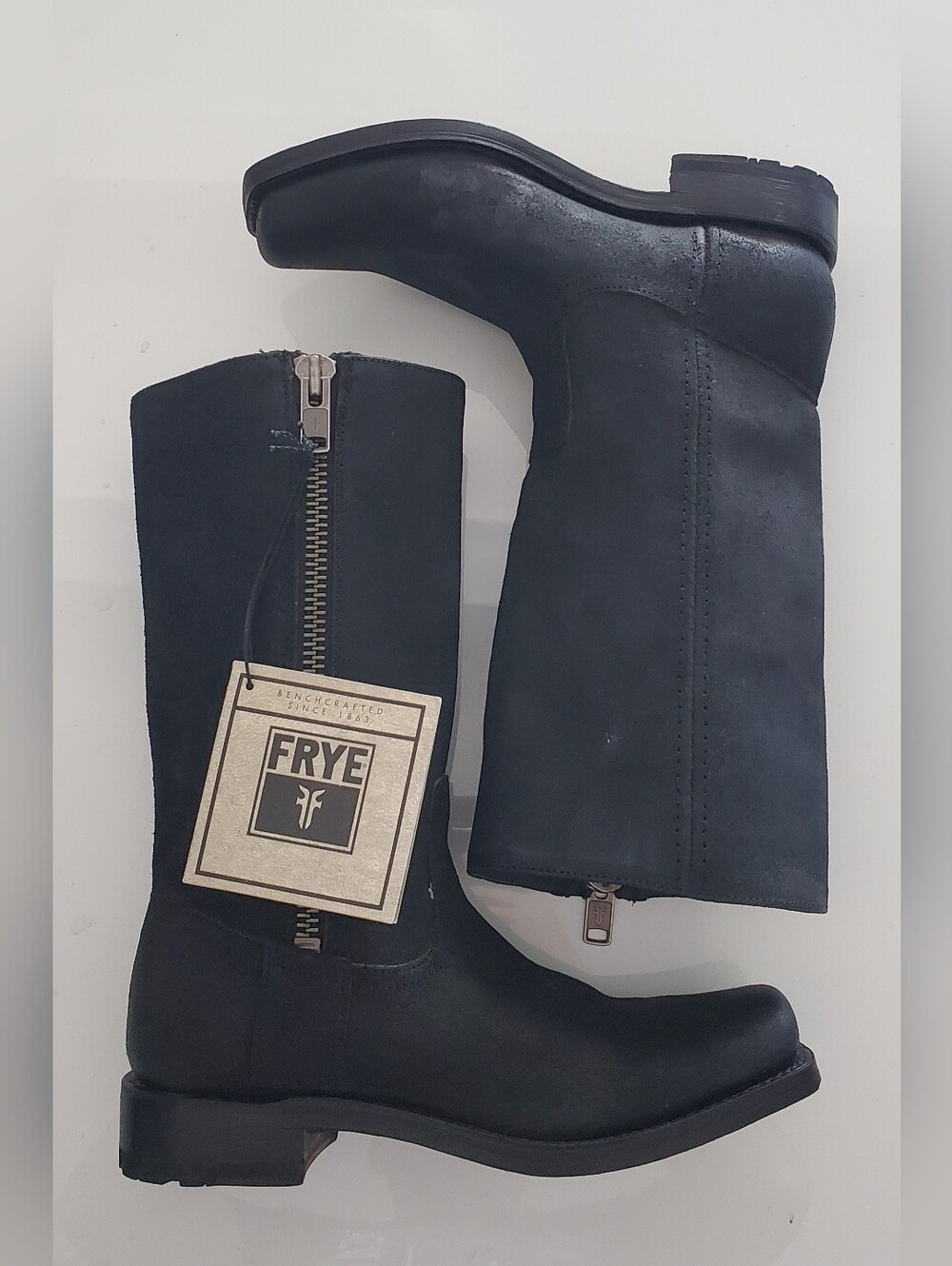 Frye Madison Heavy Zip Tall boots in black leather Women Size 8 B (NWT)